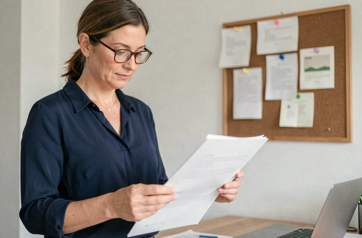 Assistante maternelle vérifiant des documents officiels relatifs aux indemnités de rupture de contrat