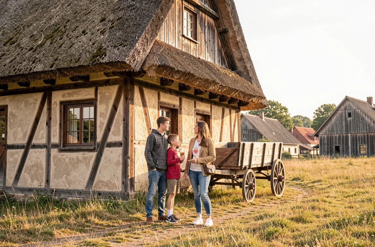 Famille visitant une ferme alsacienne traditionnelle à colombages et toit de chaume à l'Écomusée d'Alsace