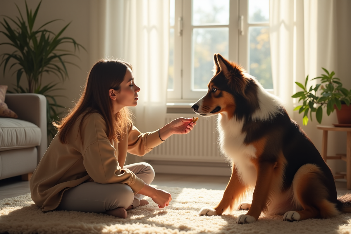Jeune femme entraînant un chien australien à la maison