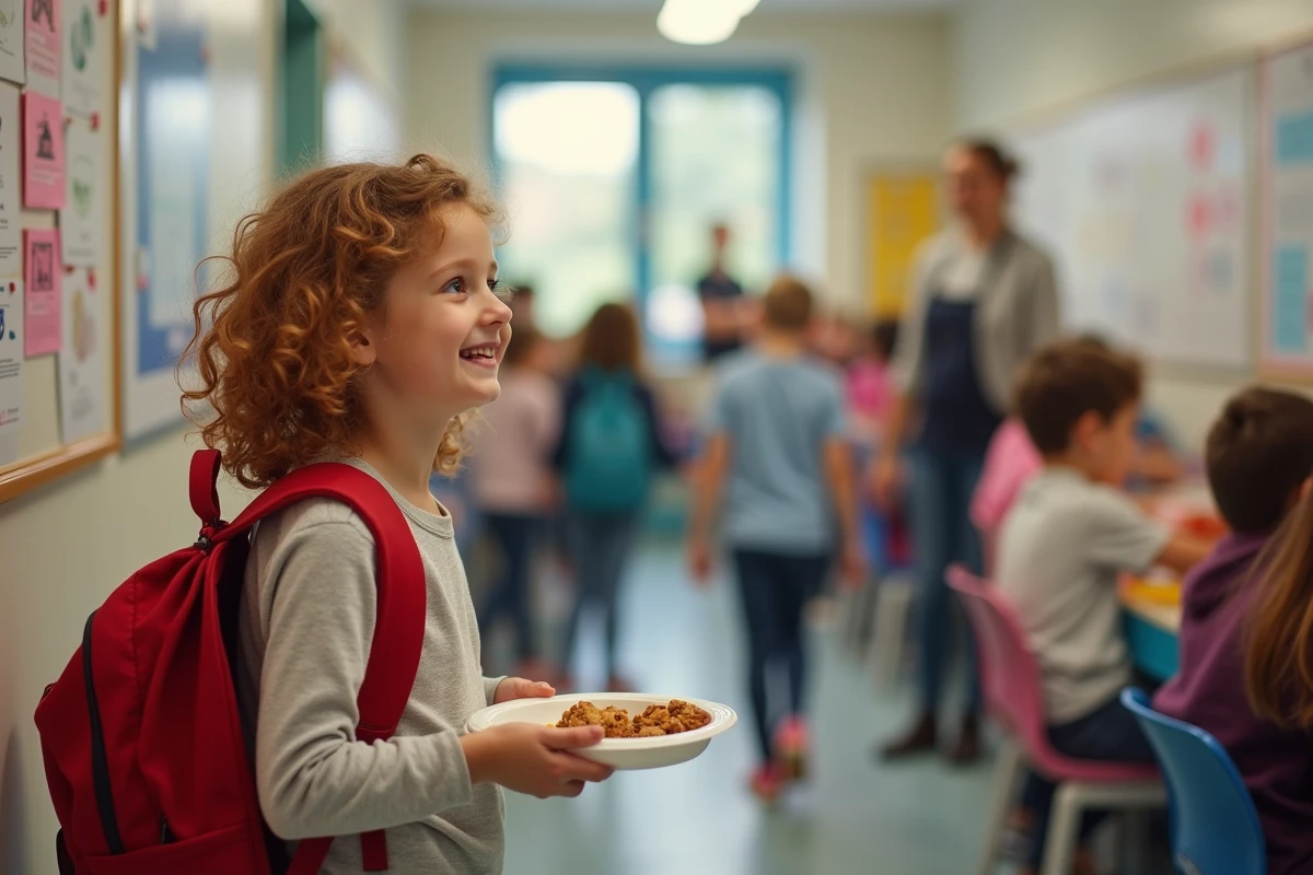 Jeune élève à la cantine scolaire à Toulon tenant un plateau repas après inscription via le portail familles