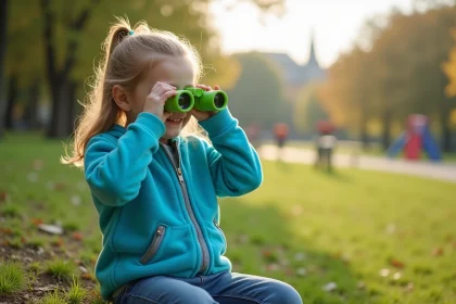 Fille souriante avec jumelles vertes dans un parc