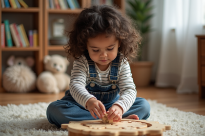 Petite fille concentrée en jouant avec un puzzle en bois