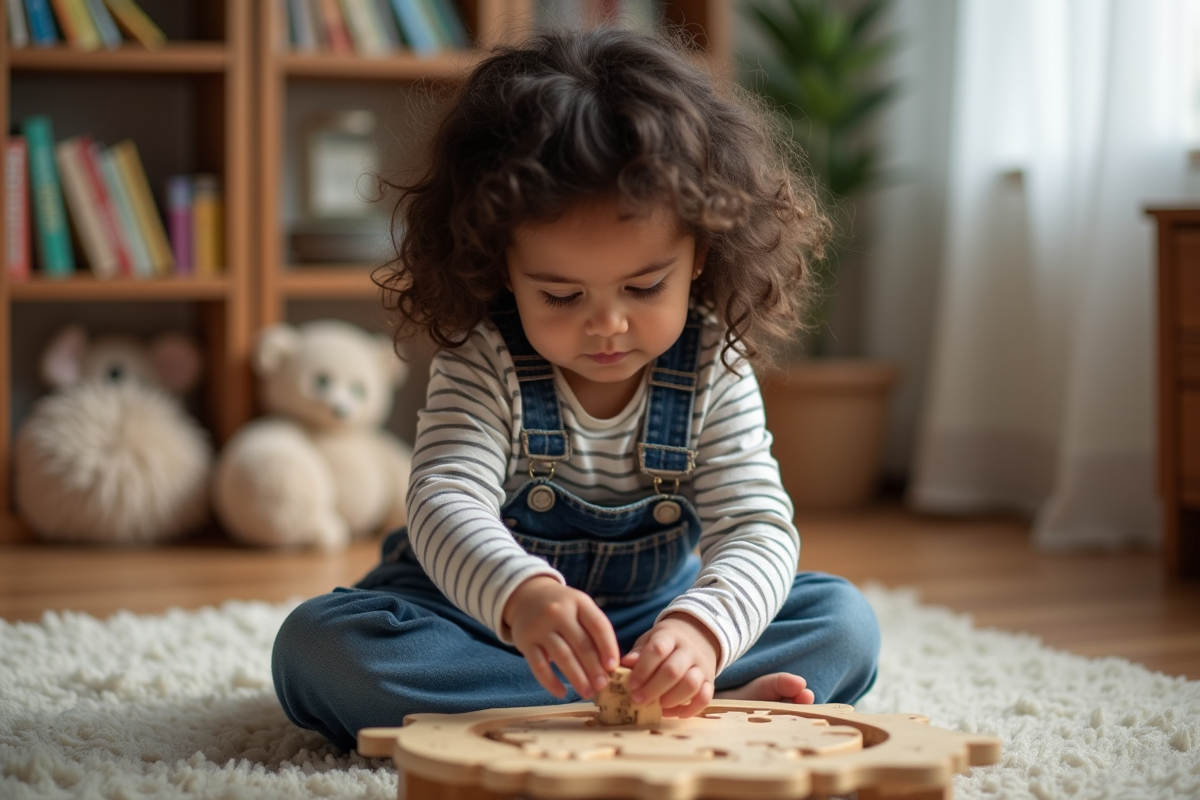 Petite fille concentrée en jouant avec un puzzle en bois