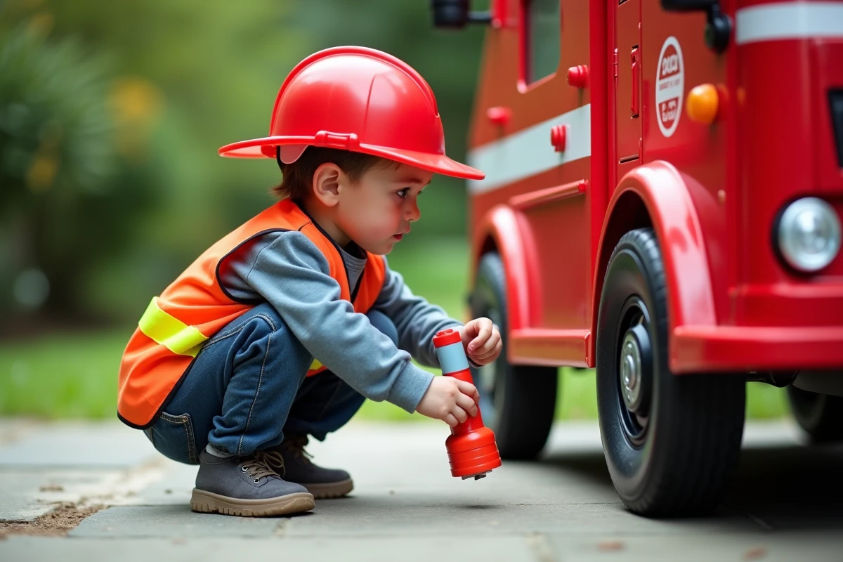 Enfant déguisé en pompier avec casque rouge jouant avec un camion de pompier jouet dans un jardin