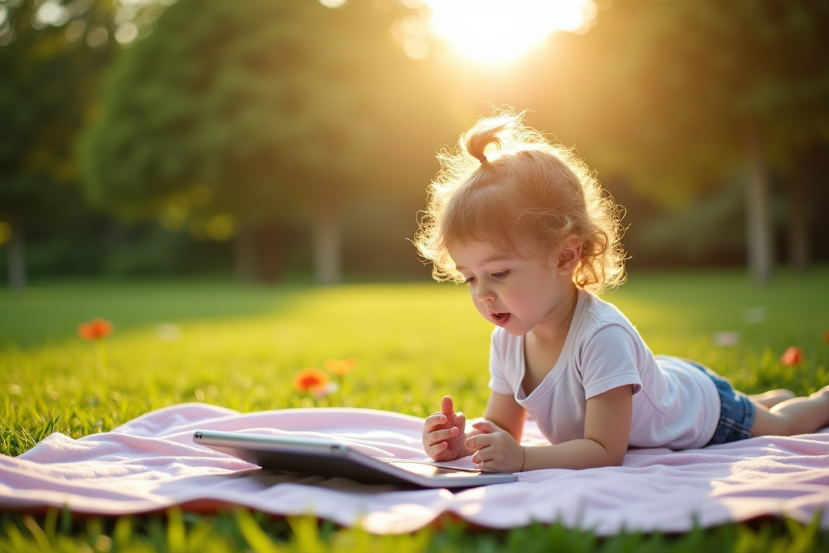 Enfant jouant dans un parc avec une tablette à proximité