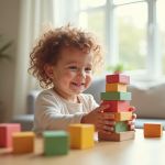 Jeune enfant joyeux empilant des blocs colorés dans un salon lumineux