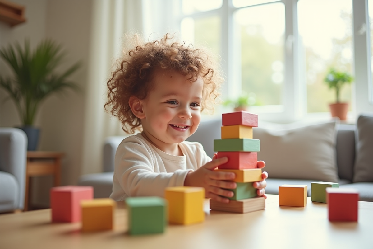 Jeune enfant joyeux empilant des blocs colorés dans un salon lumineux