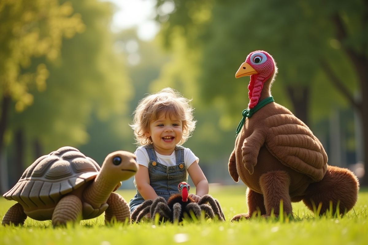 Enfant jouant avec des animaux en peluche commençant par T