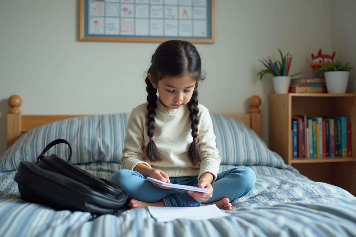 Petite fille qui prépare son cartable scolaire seule dans sa chambre, organisation du suivi scolaire entre deux foyers après séparation