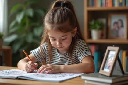 Fille de 8 ans concentrée sur un puzzle dans un salon chaleureux