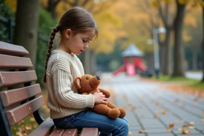 Fille pensive assise sur un banc dans un parc automnal