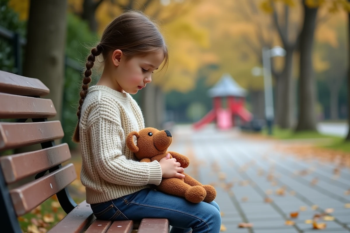 Fille pensive assise sur un banc dans un parc automnal