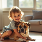 Enfant souriant avec un bulldog dans le salon lumineux