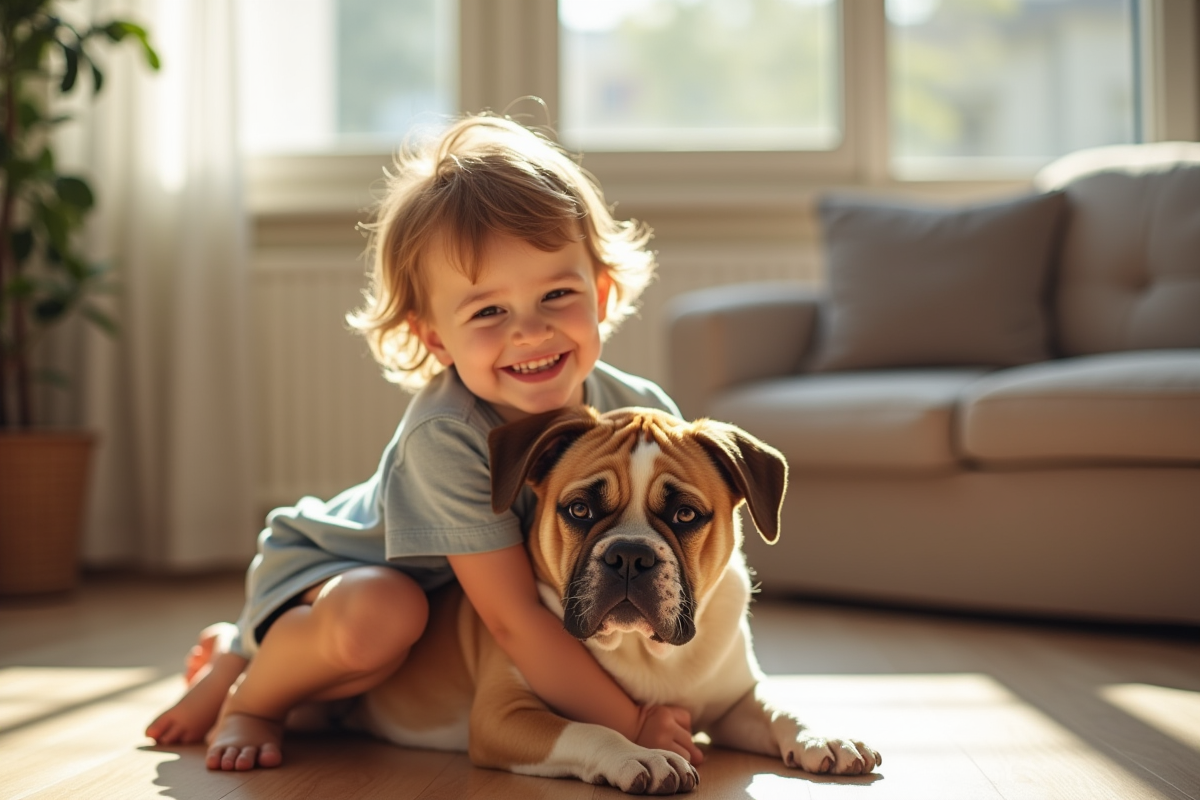 Enfant souriant avec un bulldog dans le salon lumineux