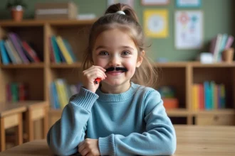 Fille timide de 8 ans dessinant une moustache sur son visage