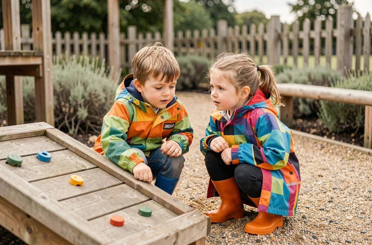 Deux jeunes enfants de 3 à 5 ans explorant un espace de jeux en plein air lors d'une sortie familiale organisée en Île-de-France