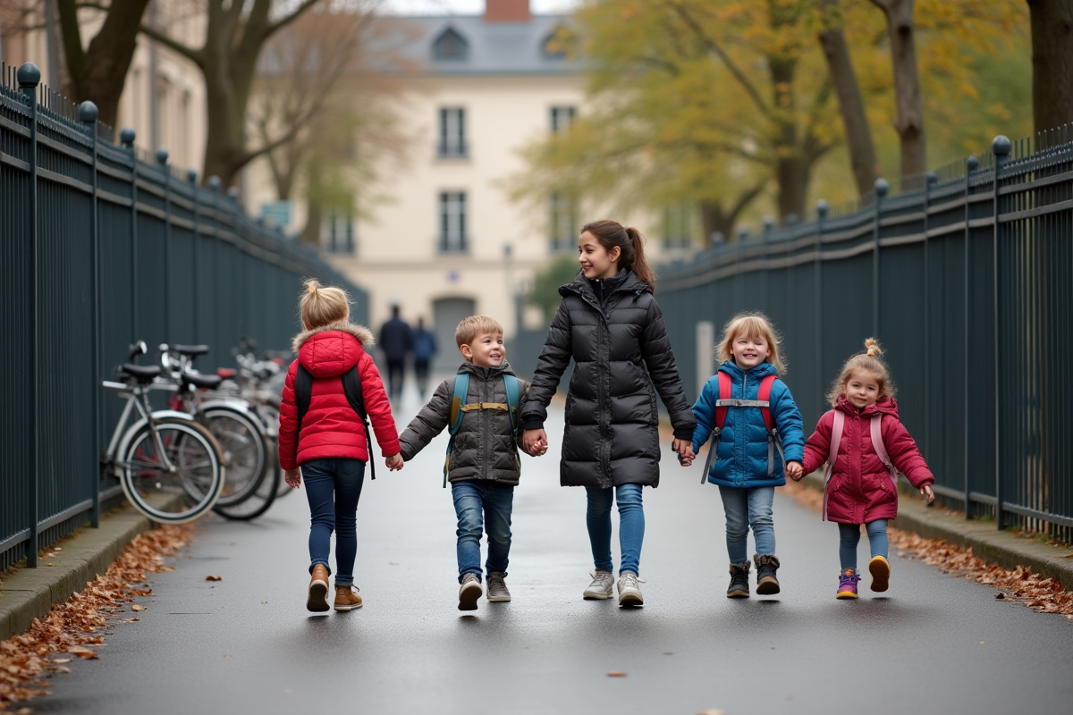 Groupe d enfants avec adulte devant école française