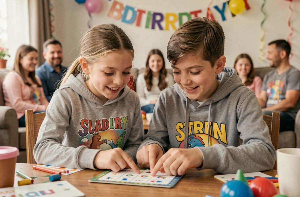Deux demi-frère et sœur jouant ensemble à un jeu de quiz lors d'un anniversaire en famille recomposée