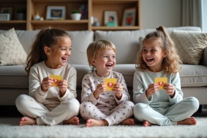 Trois enfants rient en jouant avec un jeu familial
