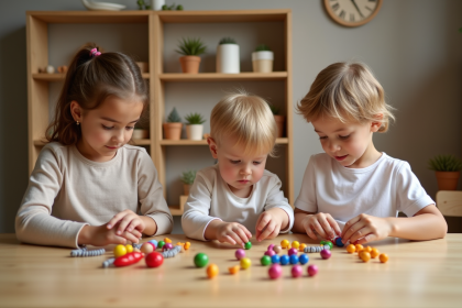 Groupe d'enfants Montessori triant des perles colorées