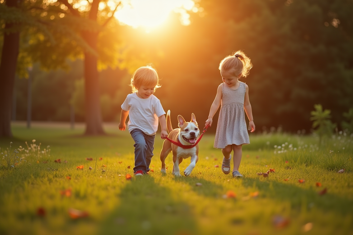 Deux enfants avec un bulldog dans un parc en fin d