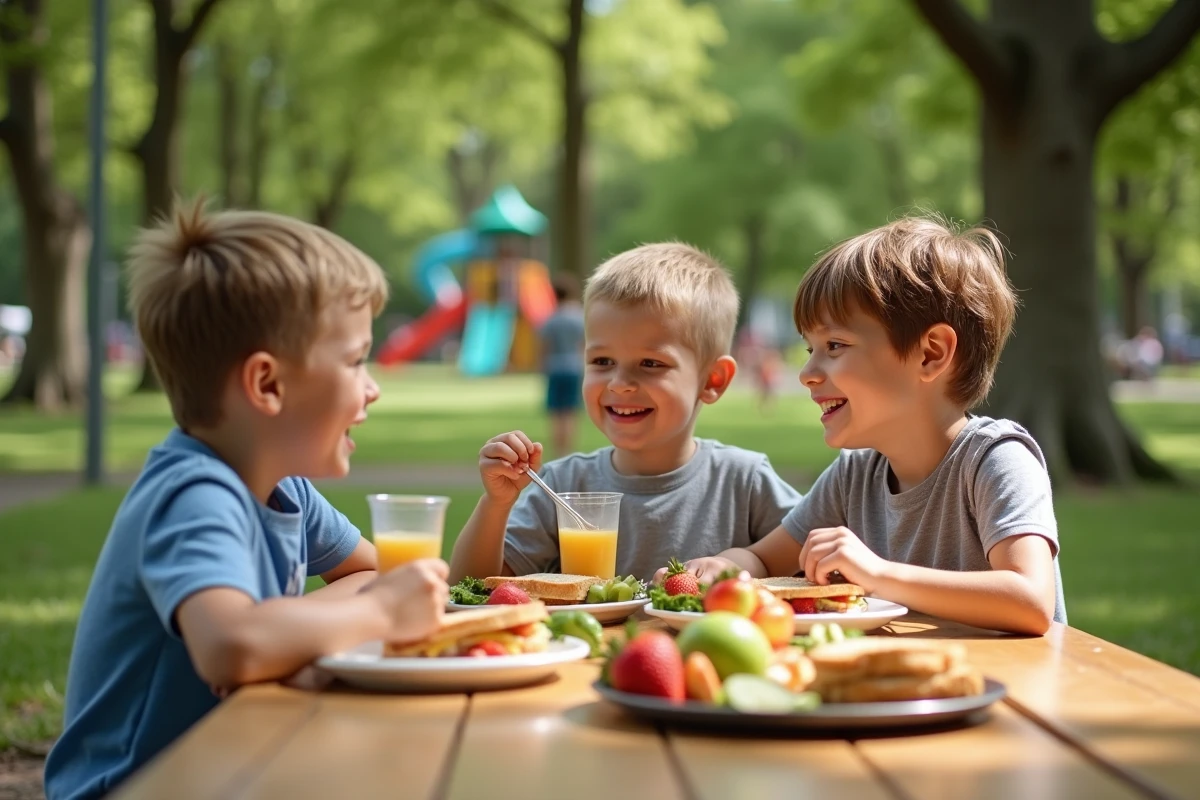 Trois enfants partageant un pique-nique en plein air
