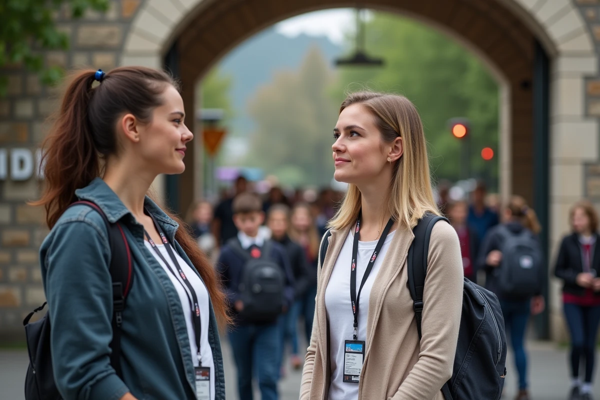 Deux enseignantes supervisant une file d enfants à l entrée du parc
