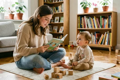 Étudiante faisant du baby-sitting lisant un livre illustré à un jeune enfant sur un tapis de jeu dans un salon familial chaleureux
