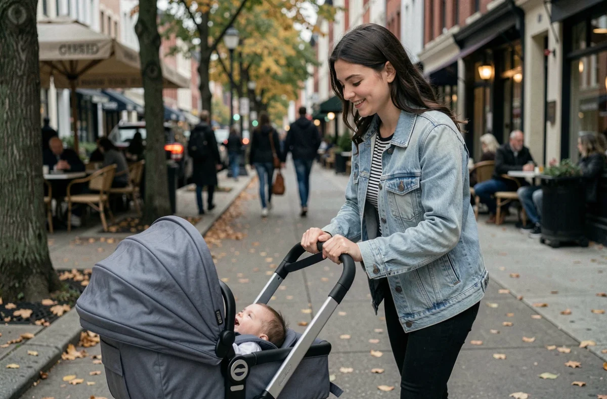 Jeune étudiante baby-sitter promenant un bébé en poussette sur un trottoir urbain bordé d'arbres en automne