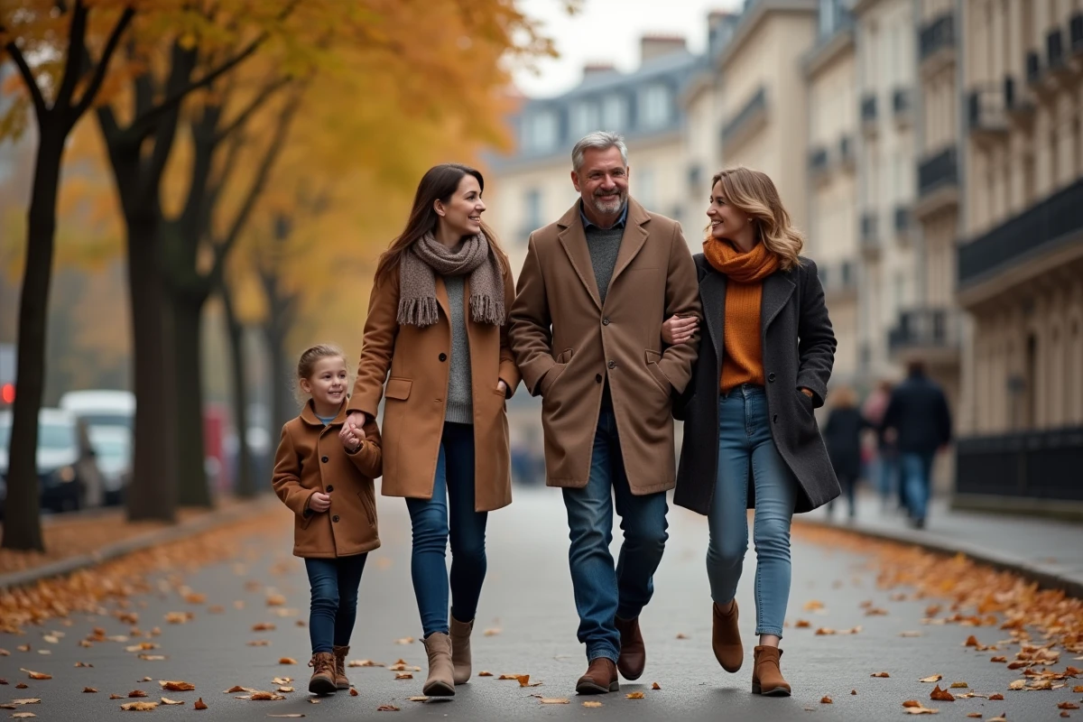 Groupe familial de jeunes adultes marchant sur un boulevard parisien en automne, style reportage éditorial