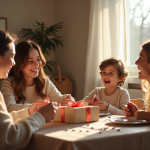 Famille heureuse échangeant des cadeaux autour d'une table