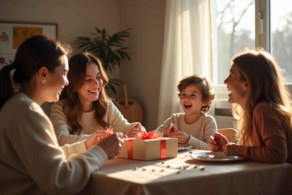 Famille heureuse échangeant des cadeaux autour d'une table