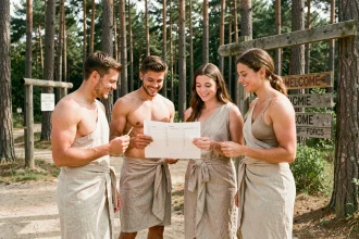 Famille souriante consultant une check-list à l'entrée d'un camping naturiste entouré de pins
