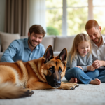 Famille souriante avec chien dans salon lumineux