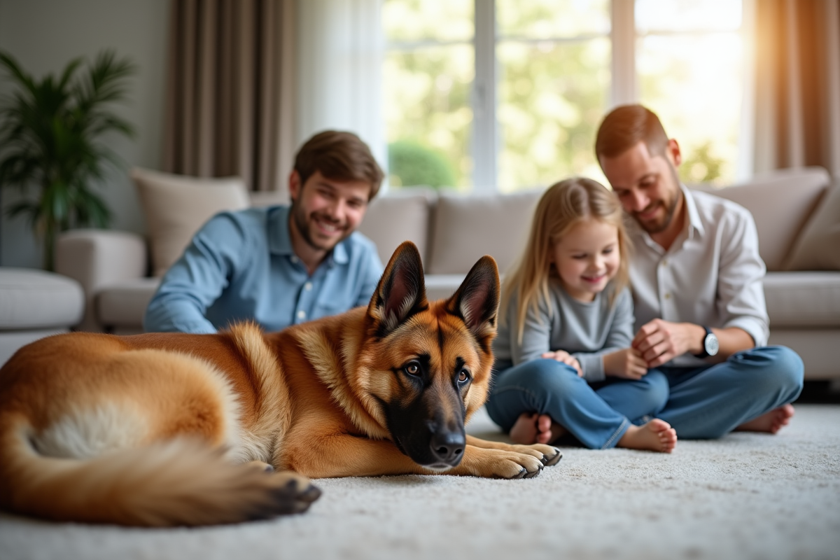 Famille souriante avec chien dans salon lumineux