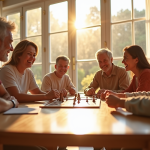 Famille multigenerational jouant à un jeu de société lumineux