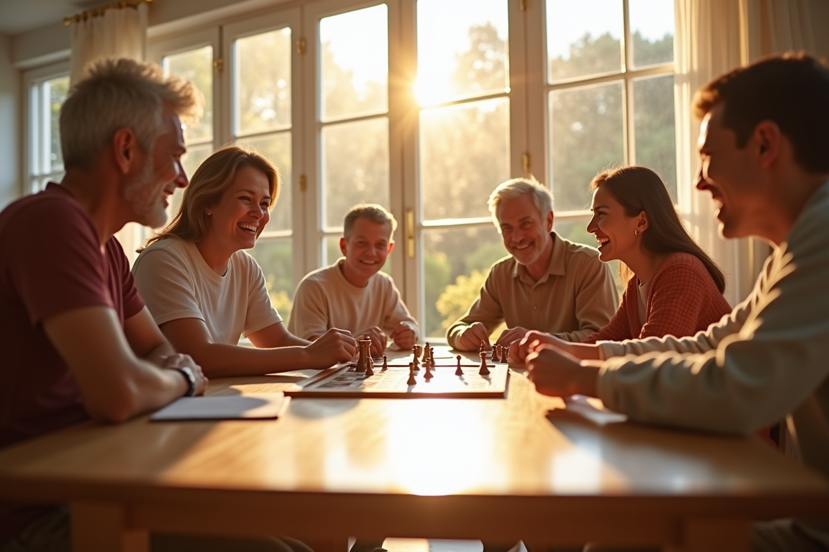 Famille multigenerational jouant à un jeu de société lumineux