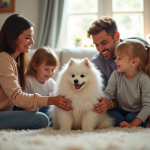 Famille heureuse accueillant un chiot Spitz allemand dans le salon