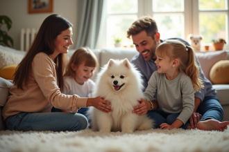 Famille heureuse accueillant un chiot Spitz allemand dans le salon