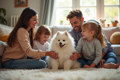 Famille heureuse accueillant un chiot Spitz allemand dans le salon