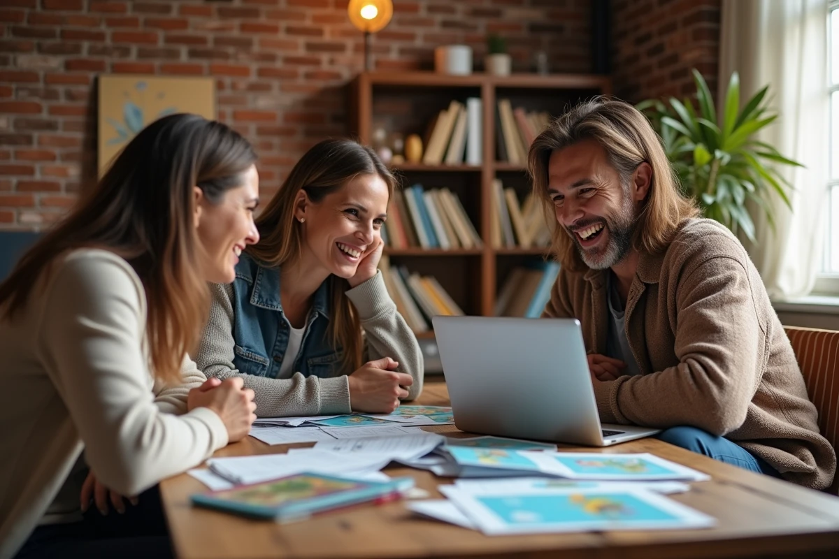 Groupe d'amis planifiant des vacances autour des ponts et jours fériés 2025-2026 avec brochures et ordinateur