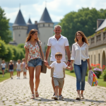 Famille de quatre en balade au Puy du Fou avec château en arrière-plan