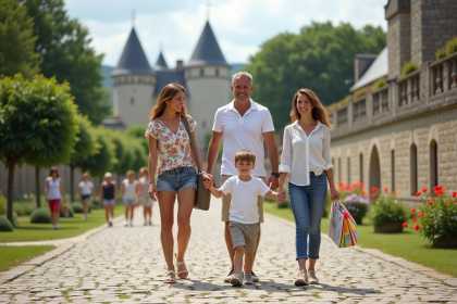 Famille de quatre en balade au Puy du Fou avec château en arrière-plan