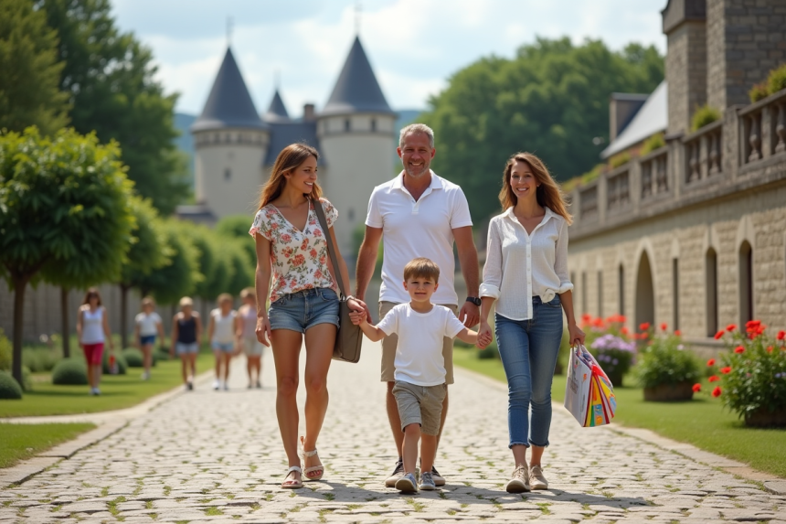 Famille de quatre en balade au Puy du Fou avec château en arrière-plan