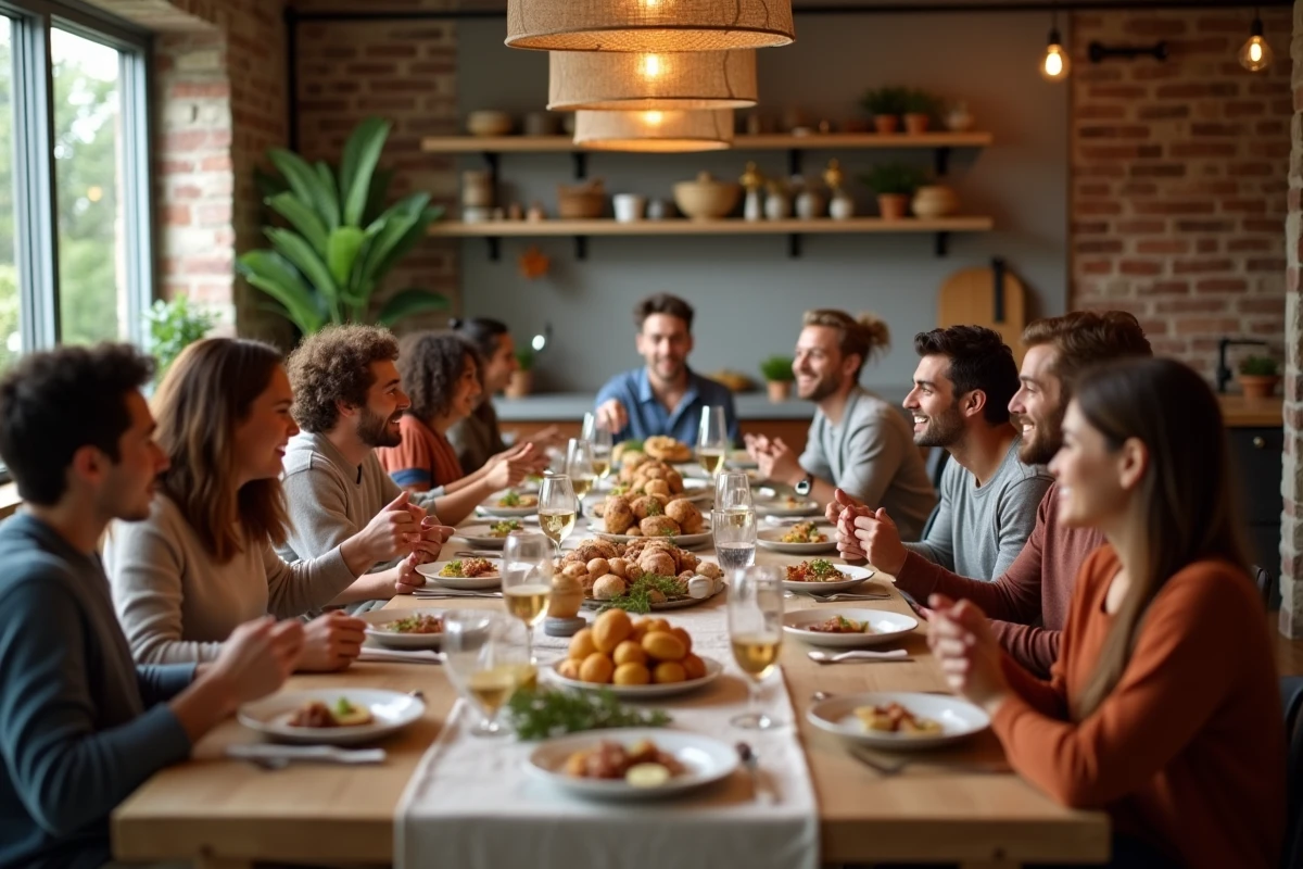 Grande famille recomposée réunie autour d'une table en bois lors d'un repas convivial dans une salle à manger moderne