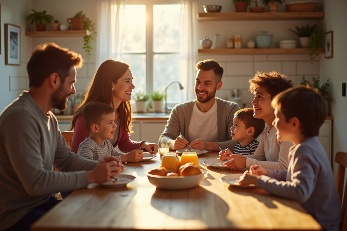 Famille réunie autour d une table de cuisine chaleureuse