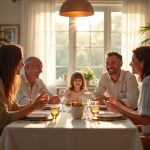 Famille multigenerational autour d'un dîner élégant en lumière naturelle