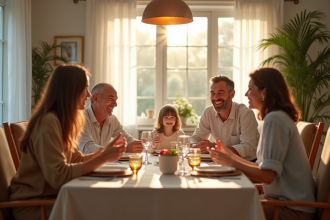 Famille multigenerational autour d'un dîner élégant en lumière naturelle
