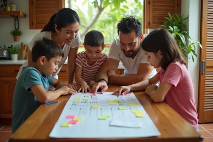 Famille réunionnaise planifiant ses vacances scolaires 2026 autour d'un calendrier imprimé sur une table en bois