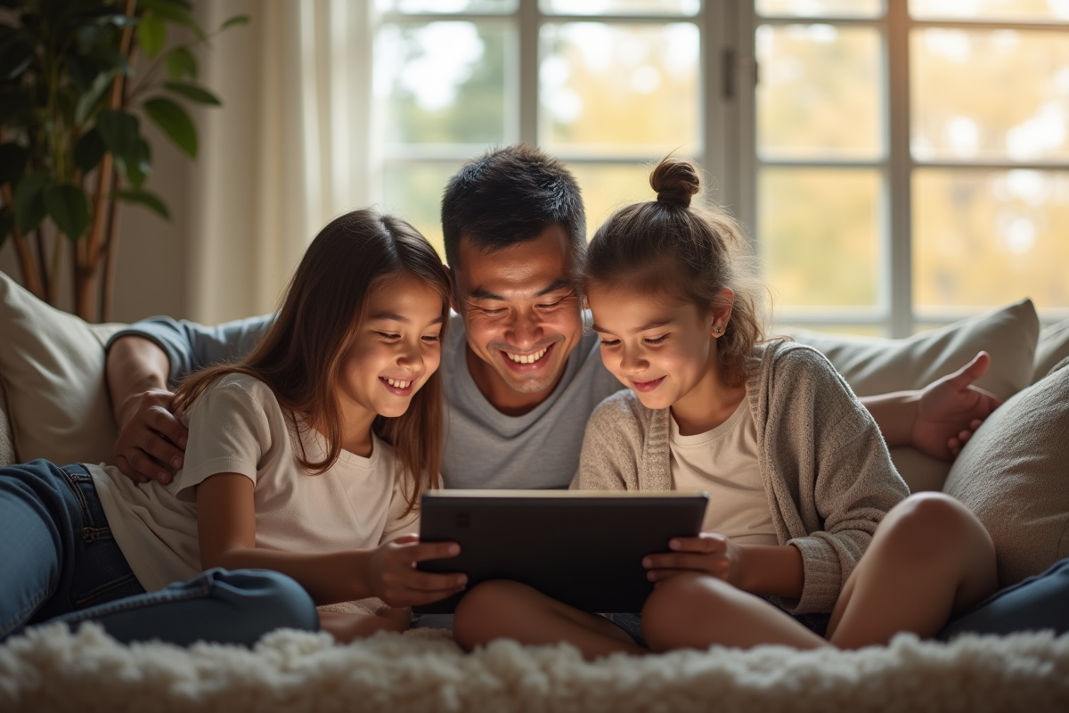 Famille dans un salon chaleureux utilisant une tablette pour apprendre